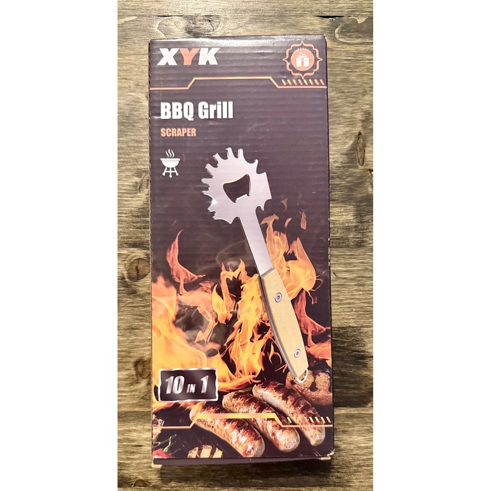 XYK BBQ Grill Scraper 10-in-1 Tool New Stainless Steel Wood Handle Bristle-Free
